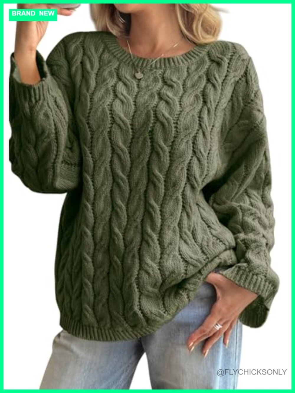 Oversized Cable Knit Sweater Long Sleeve Chunky Pullover Crewneck Loose Fit